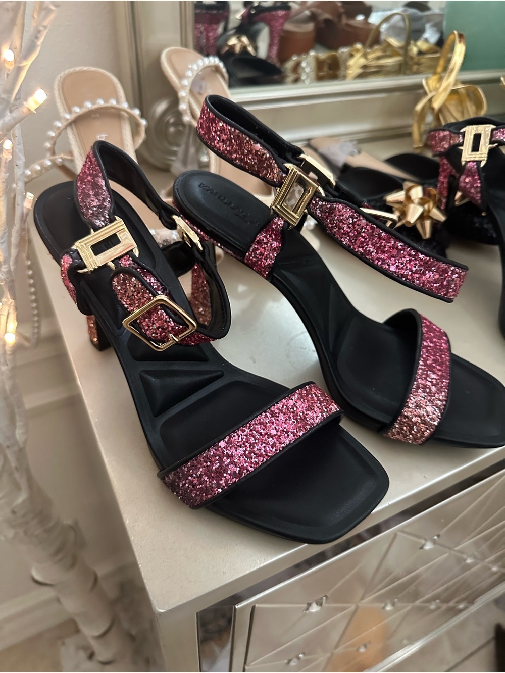 Karl Lagerfeld Glitter Ankle-Strap Sandals in Black and Silver